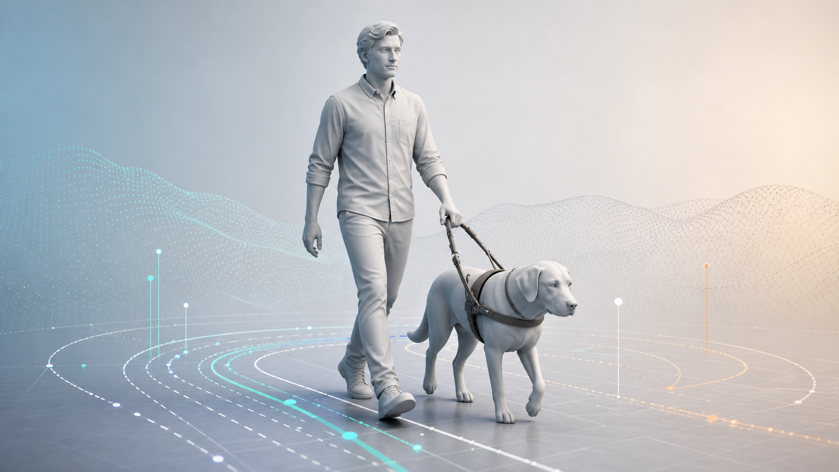 SMPL-style man walking with a guide dog for assistive AI navigation
